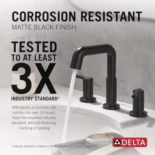 Image of Delta Nicoli Matte Black Bathroom Faucet with Sprayer, 8 Inch 3 Hole Widespread Bathroom Sink Faucet with Pull Out Sprayer, Push-Pop Drain, Matte Black 35849LF-BLPD.