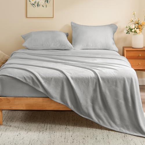 Image of BEDELITE Flannel Sheets Full Size Light Grey - Super Soft Fleece Sheets Set Fluffy Extra Plush, 4 Piece(Include Fitted Sheet, Flat Sheet, 2 Pillowcases)