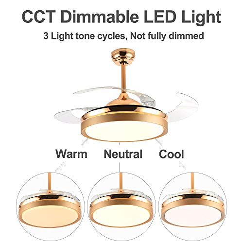 Image of 36'' Retractable Ceiling Fan with LED Light and Remote Control, Retractable Blades, 3 Color Dimmable Modern Ceiling Fan for Bedroom /Living Room /Dining Room Gold