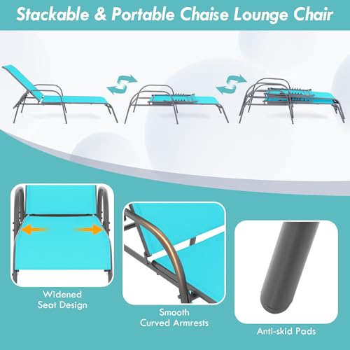 Image of Giantex 2 Pack Patio Lounge Chair, Outdoor Chaise Lounge with 5 Adjustable Backrest, Sturdy Steel Frame, Sunbathing Recliner, Tanning Chair for Beach, Outside, Yard, Balcony, Pool Chairs (2,Turquoise)