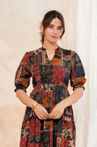 Image of Dress for Women | One Piece for Women | Long Stylish Women Dress Fit & Flare Maxi Dress, Cotton Summer Calf Length Dress