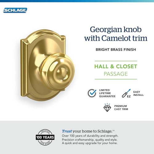 Image of SCHLAGE F10 GEO 605 CAM Camelot Collection Georgian Passage Knob, Bright Brass