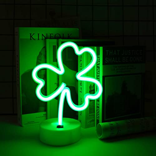 Image of Neon Sign Shamrock Shaped St. Patric's Day Night Light, LoveNite USB & Battery Operated Green Clover Glowing Neon Decorative Irish Shamrock Light Table Decor for Room Party Decorations (3-Clover)
