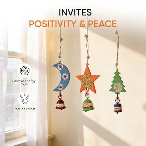 Image of Aakriti Art Creations Festive Trio Wind Chime Set Moon, Star & Tree | Handmade Modern Art Wooden & Metal Wind Chimes | Decorative Indoor & Outdoor Hanging for Balcony, Garden, Living Room & Gifting