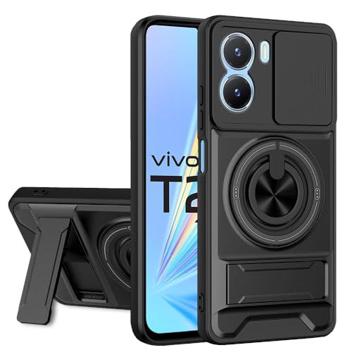 Image of AESTMO Vivo T2X / Y16 / Y56 Back Cover | Armor Camera Slider 360 Degree Rotating Finger Ring Holder Case with Bracket Stand Back Case Cover (Compatible with MagSafe Accessories) (Black)