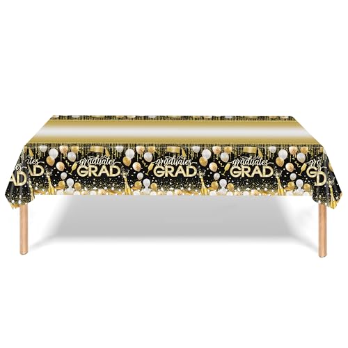 Image of 3pcs Graduation Tablecloth Disposable, 54in x 108in Graduation Decorations for Rectangle Tables, Grad Plastic Table Cover for Party Supplies (Black Gold)