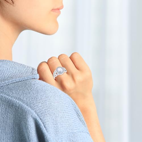 925 Sterling Silver Moonstone Ring for Women, Artificial Rainbow Moon Stone Engagement Rings, 6 * 8mm Oval Solitaire Leaf Wedding Ring Victorian Nature's Jewelry, Size 63