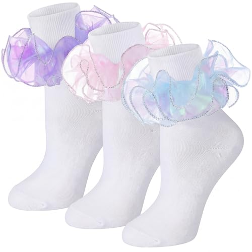Image of Geyoga 3 Pairs Women Big Ruffle Socks Turn Cuff, Double Lace Ankle Cotton Frilly Socks for Ladies Summer
