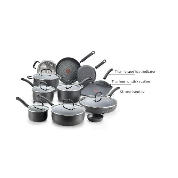 T fal ultimate hard anodized nonstick cookware set 17 piece oven broiler safe 400f lid safe 350f kitchen cooking set w fry pans saucepans saute pan griddle pots and pans dishwasher safe black  urban country home decor
