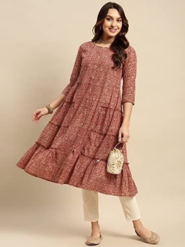 Image of rangita Cotton Calf Length Printed Tiered Flared Kurti for Women | Kurta for Women