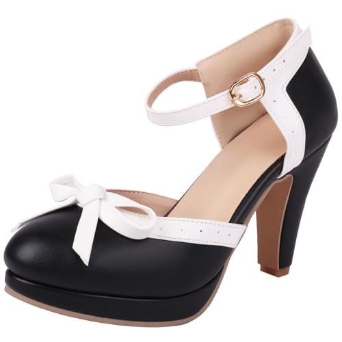 Women Block Kitten Heel Mary Jane Bow Tie Ankle Strap Round Closed Toe Wedding Party Dress Shoes