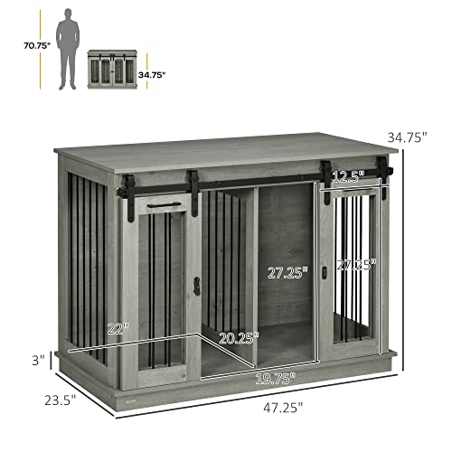 PawHut Dog Crate Furniture with Divider, Dog Crate End Table for Small to Large Dogs, Large Indoor Dog Kennel with Double Doors, 47\" W x 23.5\" D x 35\" H, Gray