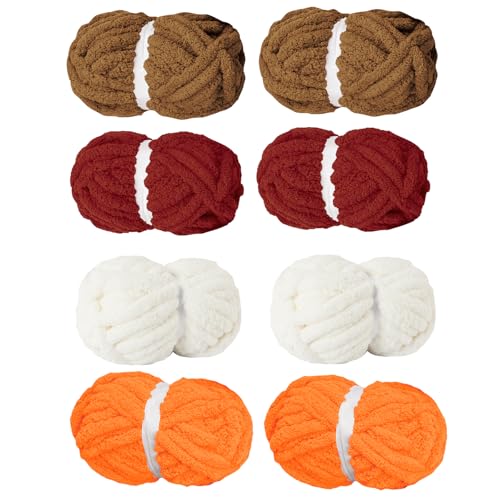 Image of Chunky Yarn for Hand Knitting Soft Jumbo Bulky Fluffy Chenille Yarn for Crocheting Blanket Scarf DIY 8 Pack (Orange+Dark red+Brown+Cream, 28yds, 8 Ounces Each)