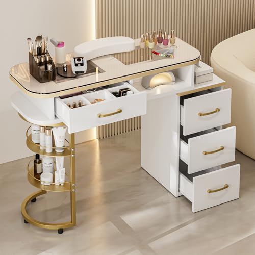Paddie Manicure Table for Nail Tech, Glass Top Nail Desk Station w/4 Drawers & 2-Tier Storage...