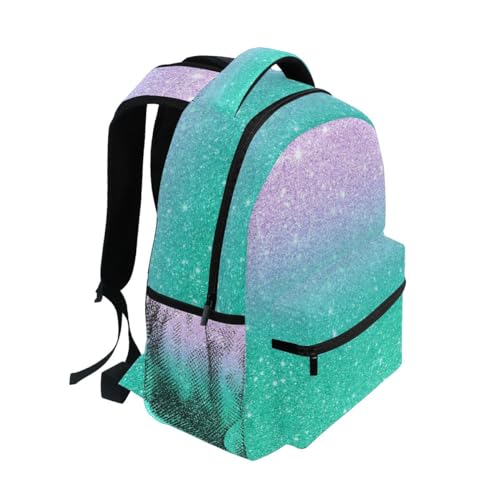 Purple Teal Aqua Glitter Gradient School Backpack, 15L Name Tag School Bags for Girls, Durable Comfy Straps, Multi Pocket, S2