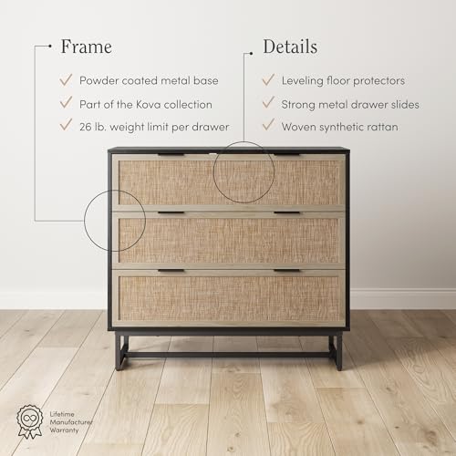 Image of Nathan James Kova Boho Dresser or Storage Cabinet with Drawers for Bedroom or Nursery with Textilene Rattan Accent and Metal Legs, Black Oak, Set of 2