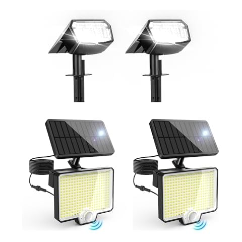 AUDERWIN Solar Spot Lights Outdoor Waterproof 2 Pack IP65, 63 LED 3 Lighting Modes Spotlights and Solar Motion Sensor Outdoor Lights, 2600Lm Solar Flood Lights Cover