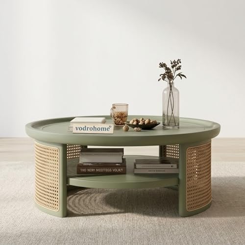 Image of Rattan Coffee Table - Cane Center Table with Shelf for Storage - Bohemian Solid Mango Wood Coffee Table for Office and Living Room C#042 (Sage Green)
