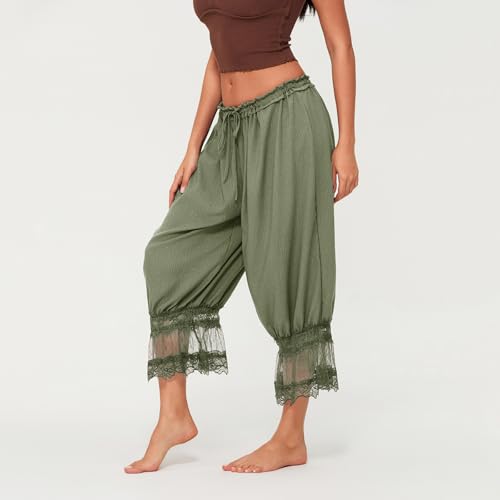 Image of KOSUSANILL Women Long Bloomer Pants Lace Trim Ruffle Pantaloons Cropped Lounge Pajama Bottoms Y2K Capri Pettipants