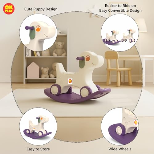 Image of OK PLAY 3 in 1 Puppy Rocker Combo for Kids | Push On Ride On | Balancing Board | Backrest | Easy Grip | Anti Skid | Four Wheel | Indoors and Outdoors Games | Light-Weight | Purple & Ivory