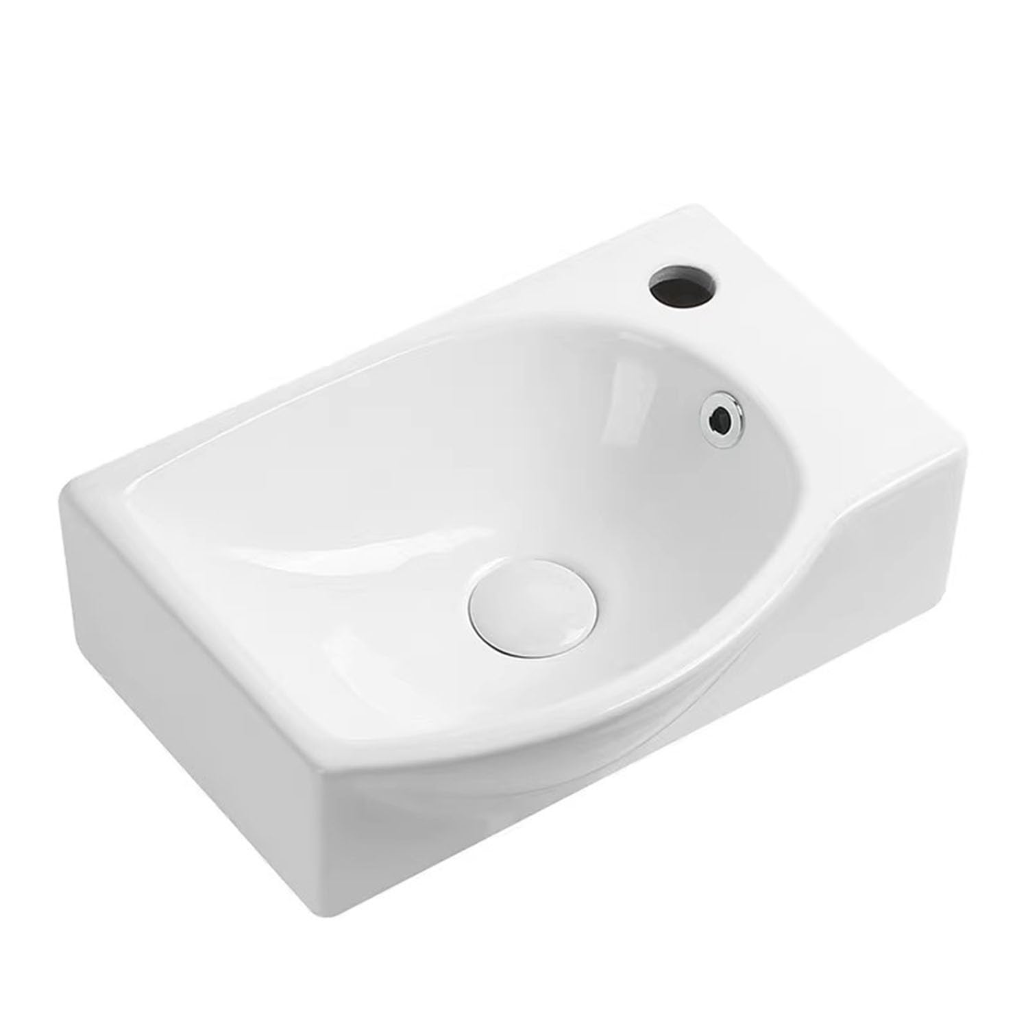 Lavabo Cerámico Compacto - Lavamanos De Esquina Pequeño para Espacios Reducidos. Instalación En Pared O Encimera. Incluye Manguera De Desagüe.Modelo A - Juego De Grifos Blancos