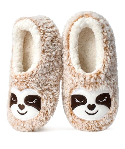 Hygknixx Sloth Slippers for Women Cute Fuzzy Animal Soft Sole Plush Non-Slip Indoor Slippers Adult Size 7-8