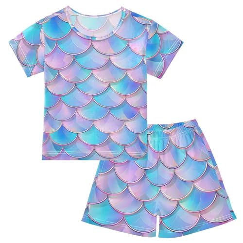 ALAZA 3D Mermaid Scales Blue Pajamas Short Sleeve 2 Piece Sleepwear Top and Bottom Pajama Set Unisex