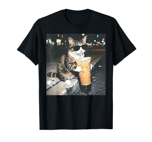 Funny Cat Drinking Iced Coffee Funny Cat Lover Animal Meme T-Shirt