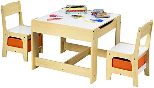 Costzon Kids Table and Chair Set, 3 in 1 Wooden Activity Table with Storage Drawer, Detachable Tabletop for Children Drawing Reading Art Craft, Playroom, Nursery, Toddler Table and Chair Set, Natural