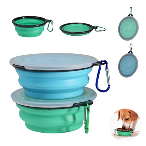2 Bols Repliables Gamelles de Voyage pour Chien et Chat, Gamelles de Voyage Anti Fuites en Silicone, avec Mousquetons, Idéal pour Nourriture et Eau, 450 ML,...