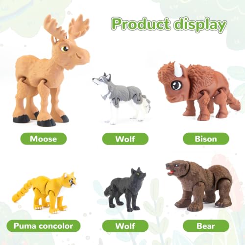 Image of cobinaan 6PCS 3D Printed Safari Animals Figures Toys Bear Bison Moose Wolf | Flexible Articulated Fidget Toys, Child-safe PLA Plastic, Party Favors Birthday Gifts Cake Topper Home Office Desk Decor