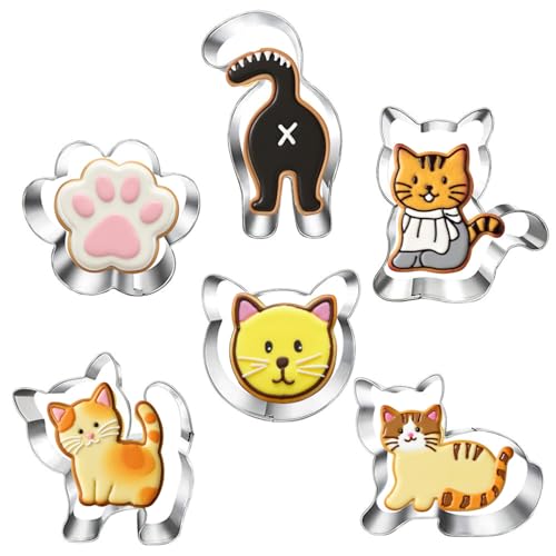 LUBTOSMN Kitty Cat Cookie Cutter Set-6 Piece-Cat Face, Kitty Butt, Paw and 3 Cute Shapes Molds for Cat Themed Party