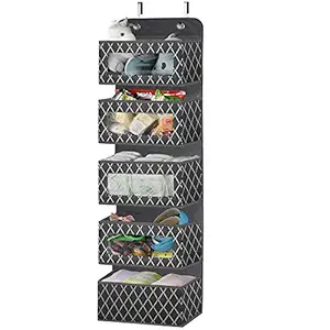Over the Door Hanging Organizer with 5 Large Pockets - Wall Mount Fabric Pantry Storage with Clear PVC Window & 2 Big Metal Hooks for Closet,Bathroom,Nursery,Bedroom,Dorm,Baby Diapers,Kids Toys (Gray)