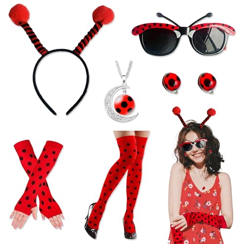 JNYUTEEN 6 Stück Marienkäfer Kostüm, Ladybug Kostüm Erwachsene, Marienkäfer Haarreif Brille Ärmelstulpen Kniestrümpfe Ohrringe Halskette für...