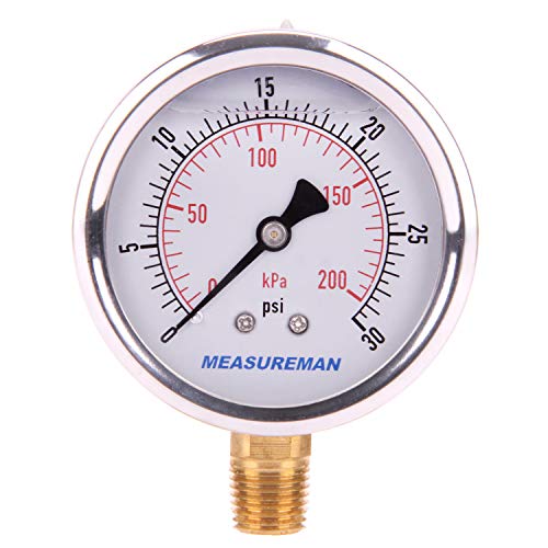 Measureman 2-1/2" Dial Size, Oil Filled Pressure Gauge, 0-30psi/kpa, 304 Stainless Steel Case, 1/4"NPT Lower Mount