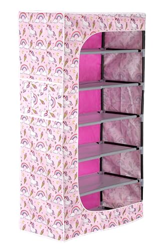 Image of BONTEC Baby Wardrobe for Clothes - almirah - Rack fot Storage Multipurpose Plastic almirah Printed Cover 6 Shelves Storage Clothes Storage Rack Quick Cabinet /Multipurpose (Baby Pink)