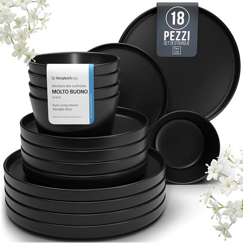 Piatti di Terraglia Neri - Set Piatti Moderni per 6 Persone - Servizio Piatti 18 Pezzi Manhattan - Piatti Terraglia Nero Opaco - Lavabile in Lavastoviglie e Adatto al Microonde - Pure Living