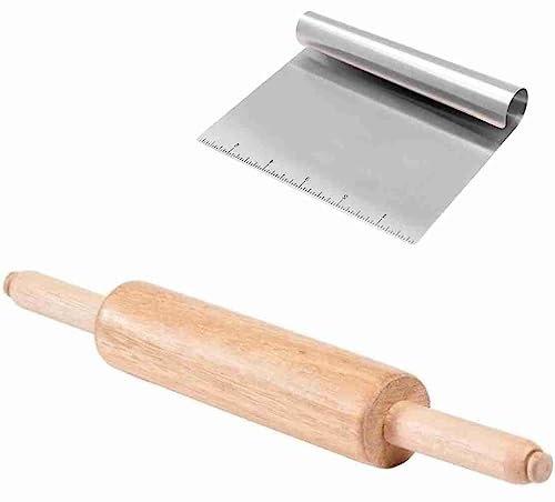 KIT Rolo de abrir Massa Com Cabo Giratório de Madeira Para Pizza Pastel e Espátula Prática Para Conf