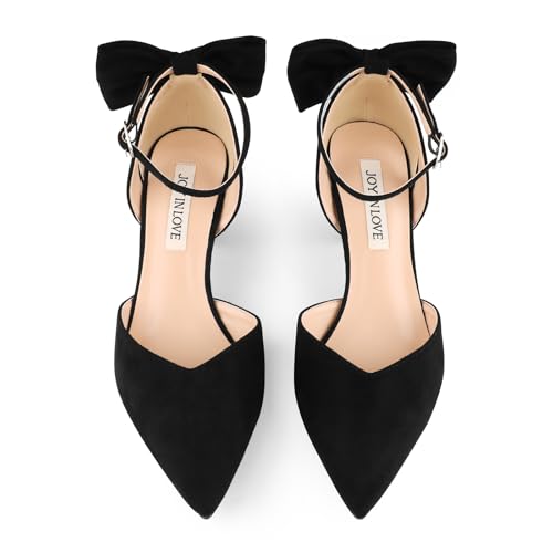 JOY IN LOVE Women's Pumps Kitten Bow Heels Closed Pointed Toe Sandals Ankle Strap Dress Shoes3