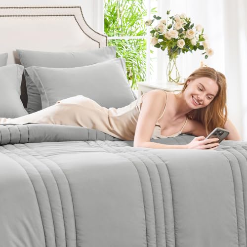 Image of CozyLux Queen Comforter Set Light Grey - 7 Pieces Bed in a Bag, Modern Vertical Quilted Room Decor, Soft All-Season Bedding Gift with Comforter, Sheets, Pillowcases & Shams