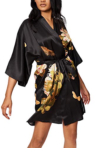 KIM+ONO 100% Mulberry Washable Silk Kimono Robe Short - Floral Print, Peony & Butterfly - Black