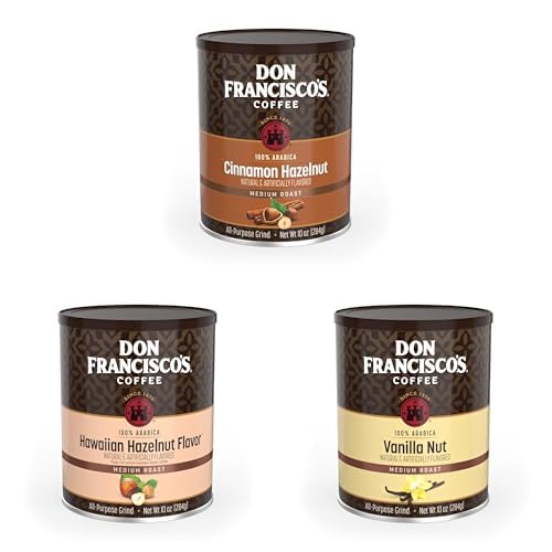Don Francisco’s Flavored Ground Coffee Bundle – Cinnamon Hazelnut, Hawaiian Hazelnut & Vanilla Nut, 100% Arabica, Medium Roast, Sweet & Smooth Gourmet Coffee, 10 oz Cans (Pack of 3)