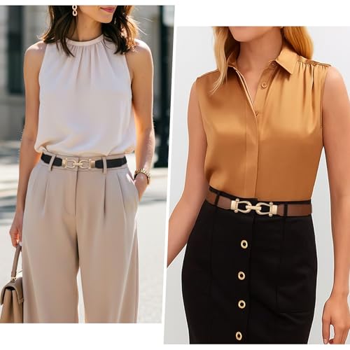 JASGOOD Women Skinny Elastic Belt for Dresses,Thin Retro Stretch Waist Belt with Golden Buckle4