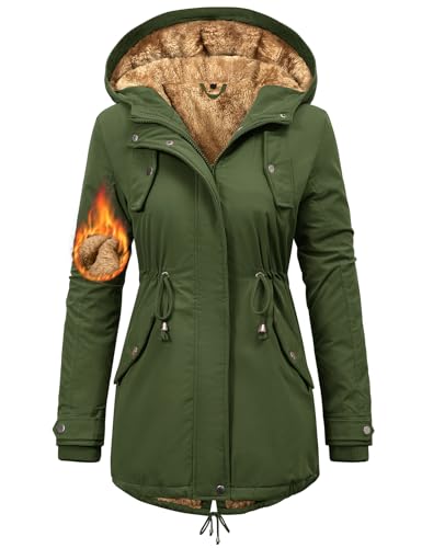 Nadeer Mantel Damen Winterjacke Lang Parka Gefüttert Wintermantel Wasserdicht mit Kapuze Warm Winterparka(Armeegrün,L)