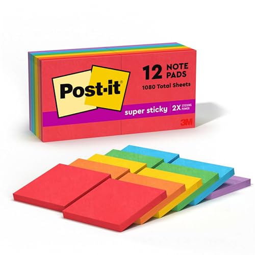 Image of Post-it Super Sticky Notes, 3 x 3-Inches, Assorted Neon Colors, 12-Pads /Pack