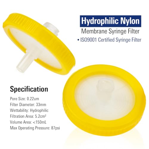 Image of PEKYBIO Sterile Syringe Filter, 33mm Nylon Filtration 0.22μm Pore Size with Yellow Smooth Ring, Individually Packed for Lab, Pack of 10