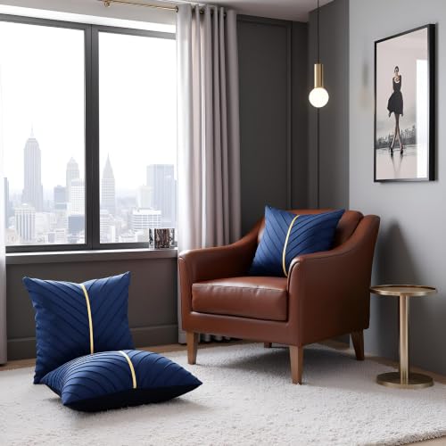 Image of Velvet Throw Pillow Covers 24x24 Pack of 2 Gold Decor Navy Blue