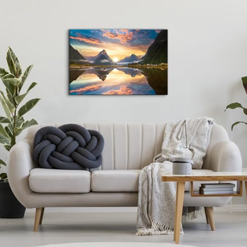 Image of Orange Yellow Sunrise Wall Art Manapouri Lake Landscape Wall Pictures for Living Room Decor Nature Mountain Panorama Canvas Prints Yosemite Posters Artwork Bathroom Decorations 16x24 inch Ready To Hang