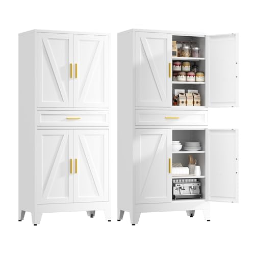 Image of 71 inch Tall Kitchen Pantry Cabinet,Farmhouse Pantry Cabinet,Metal Cabinet with Adjustable Shelves and Drawer,Storage Cabinet for Kitchen Dining Room Garage,White 1 Pack