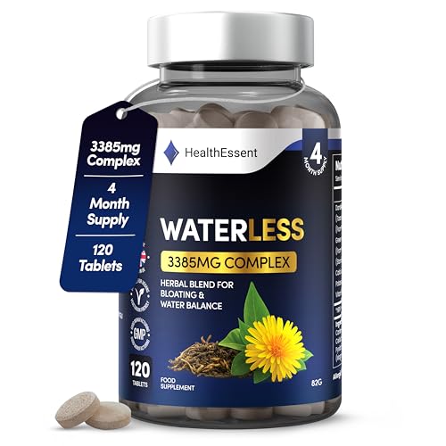 HealthEssent WaterLess Water Retention Tablets with Dandelion Root Green Tea Potassium & Vitamin B6 - (4 Month Supply) Natural Debloat & Fluid Support - 120 Vegan Tablets - Made in UK